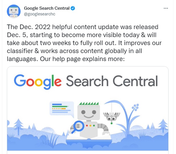 Google tweet about December 2022 Helpful Content Update